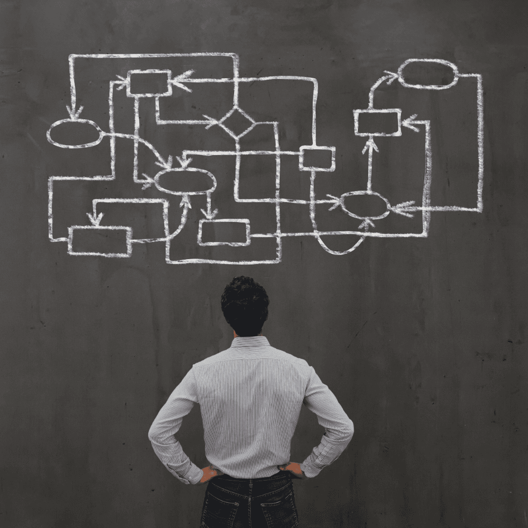 Flödesschema tecknat på en vägg som en man står och ser upp mot.